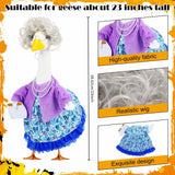 Karwuiio 5Pcs Old Lady Porch Goose Outfits Glasses Curly Wig Floral Print Dress Cardign and Pearl Necklace Set Garden Decor (Blue Floral, M)