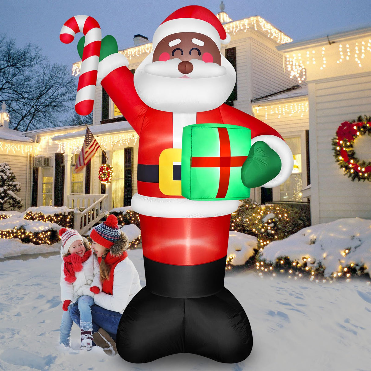 8 FT Tall Giant Black Santa Inflatable Christmas Decorations Outdoor Candy Cane & Gift Box, Build in LED Lights Funny Merry Xmas Blow Ups Yard Decoration for Outside Holiday Winter Indoor Patio Lawn