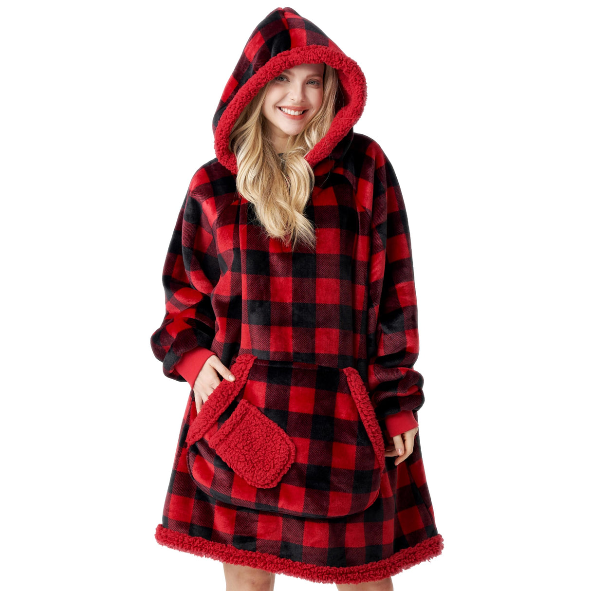Giggling Getup Wearable Blanket Hoodie for Adults Gifts for Teen Girls Sister Women Sherpa Fleece Printed Hooded Blanket Sweatshirt Warm Cozy with Pocket & Sleeves Red and Black Plaid