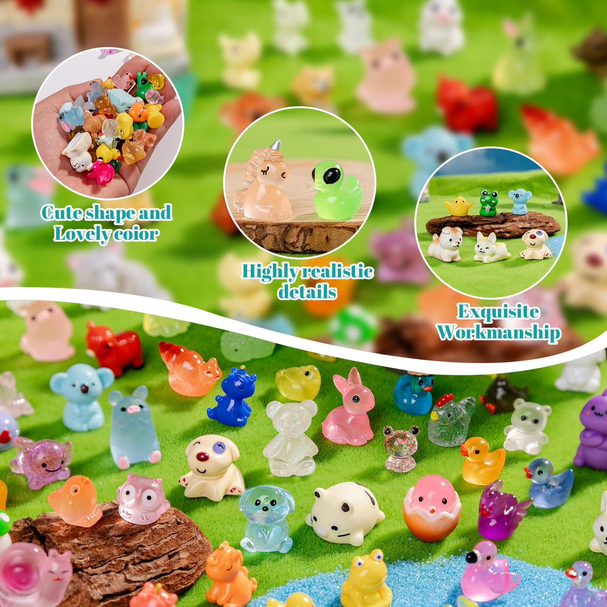 Cuteseven 300Pcs Mini Resin Animals Bulk 300 Styles Variety Tiny Animals Figure to Hide Luminous Glow in The Dark for Miniature Fairy Garden Decoration Hide Crafts Decor