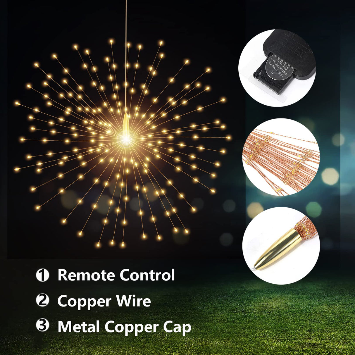 4 Pack 800 LED Starburst Sphere Lights, Battery Operated Firework Light, 8 Modes Dimmable Remote Control Waterproof Hanging Fairy Light, Copper Wire Lights for Patio Parties Christmas (Warm White)
