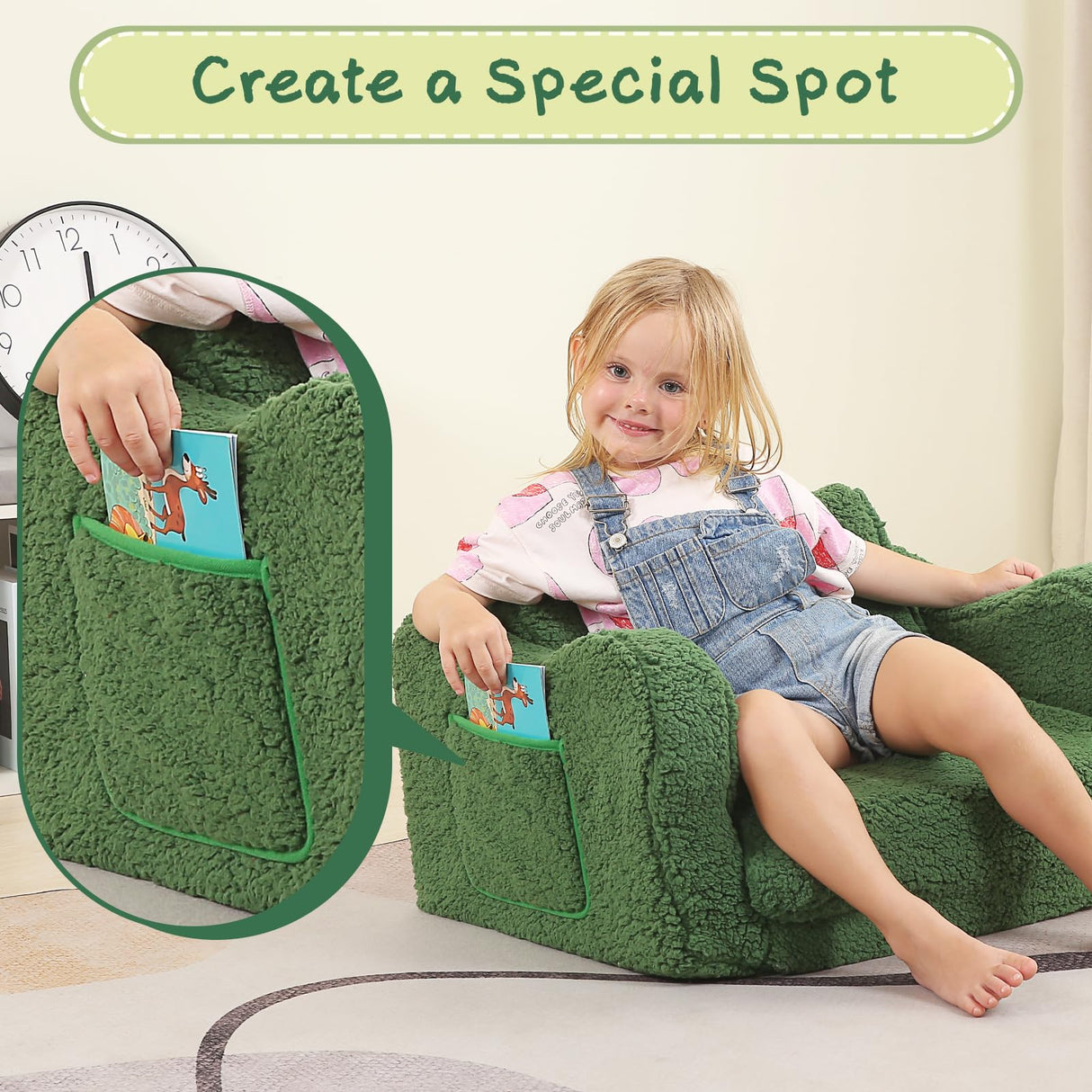 MOMCAYWEX Kids Chairs for Toddler, 2-in-1 Toddler Soft Sherpa Couch Fold Out, Convertible Sofa to Lounger for Girls and Boys, Christmas Decor, Green