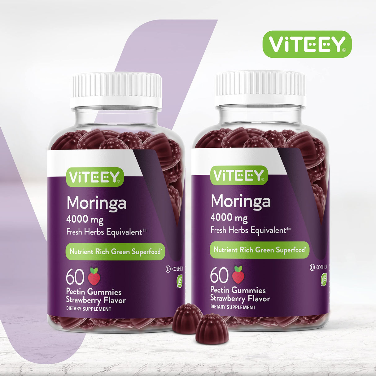 Viteey Moringa Gummies for Adults & Teens - Moringa Leaf Extract 4000mg - Immune Support, Energy Booster, Better Mood Support - Chewable Green Superfood - Vegan, Gelatin Free - Strawberry Flavored