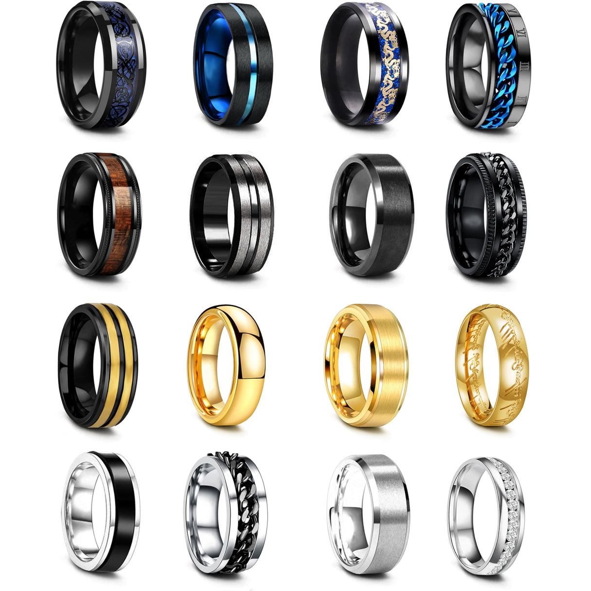 EIELO 16Pcs Stainless Steel Band Rings for Men Cool Black Golden Silvery Plated Rings Comfort Fit Fidget Spinning Chain Ring Fashion Simple Mens Wedding Engagement Ring Set 10