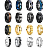 EIELO 16Pcs Stainless Steel Band Rings for Men Cool Black Golden Silvery Plated Rings Comfort Fit Fidget Spinning Chain Ring Fashion Simple Mens Wedding Engagement Ring Set 10