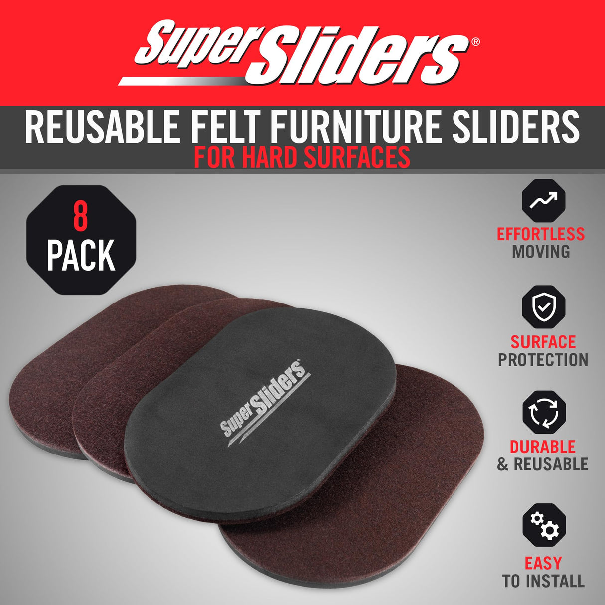 Super Sliders 5-3/4" x 9-1/2" XL Oval Reusable Felt Furniture Sliders for Hard Surfaces, Anti-Slip Protective Furniture Moving Pads for Beds, Sofas, Dressers, Set of 8, Brown