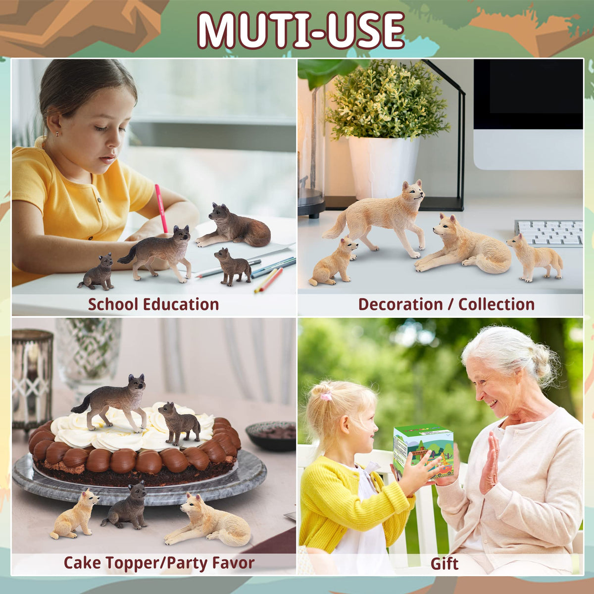 Toymany 8PCS Wolf Figures Forest Animals Toy Figurines - Realistic Jungle Zoo Animal Figurines，Educational Toy Cake Toppers Christmas Birthday Gift for Kids Boys Girls