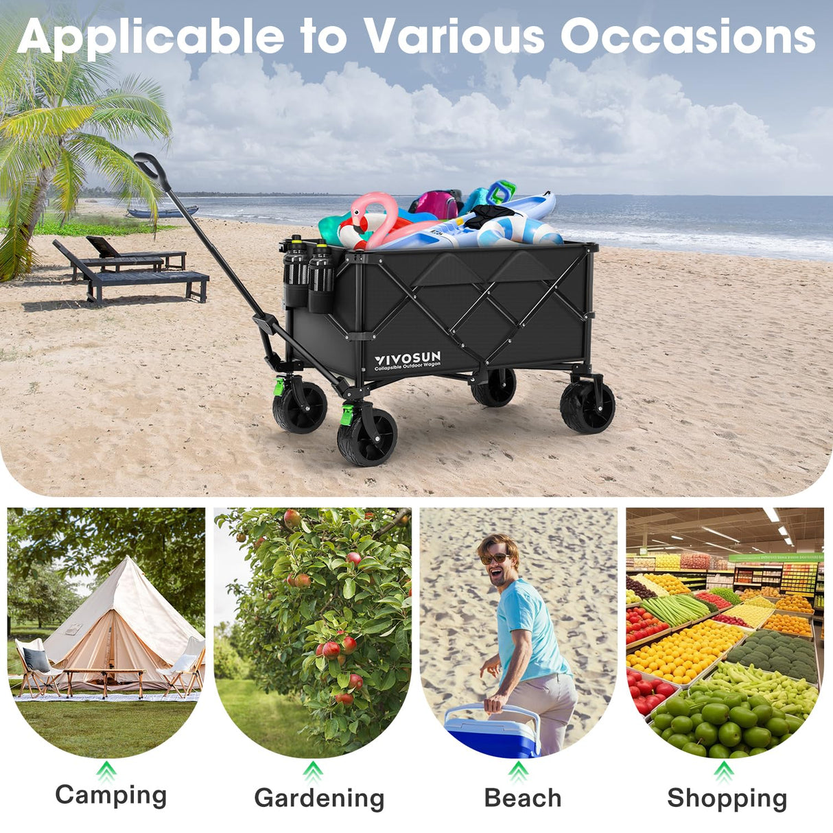 VIVOSUN Collapsible Folding Wagon, Outdoor Utility with Silent All-Terrain Wide Wheels, Adjustable Handle, Cup Holders & Side Pockets, for Camping, Beach, Shopping, Garden, Sports, Picnic, Black