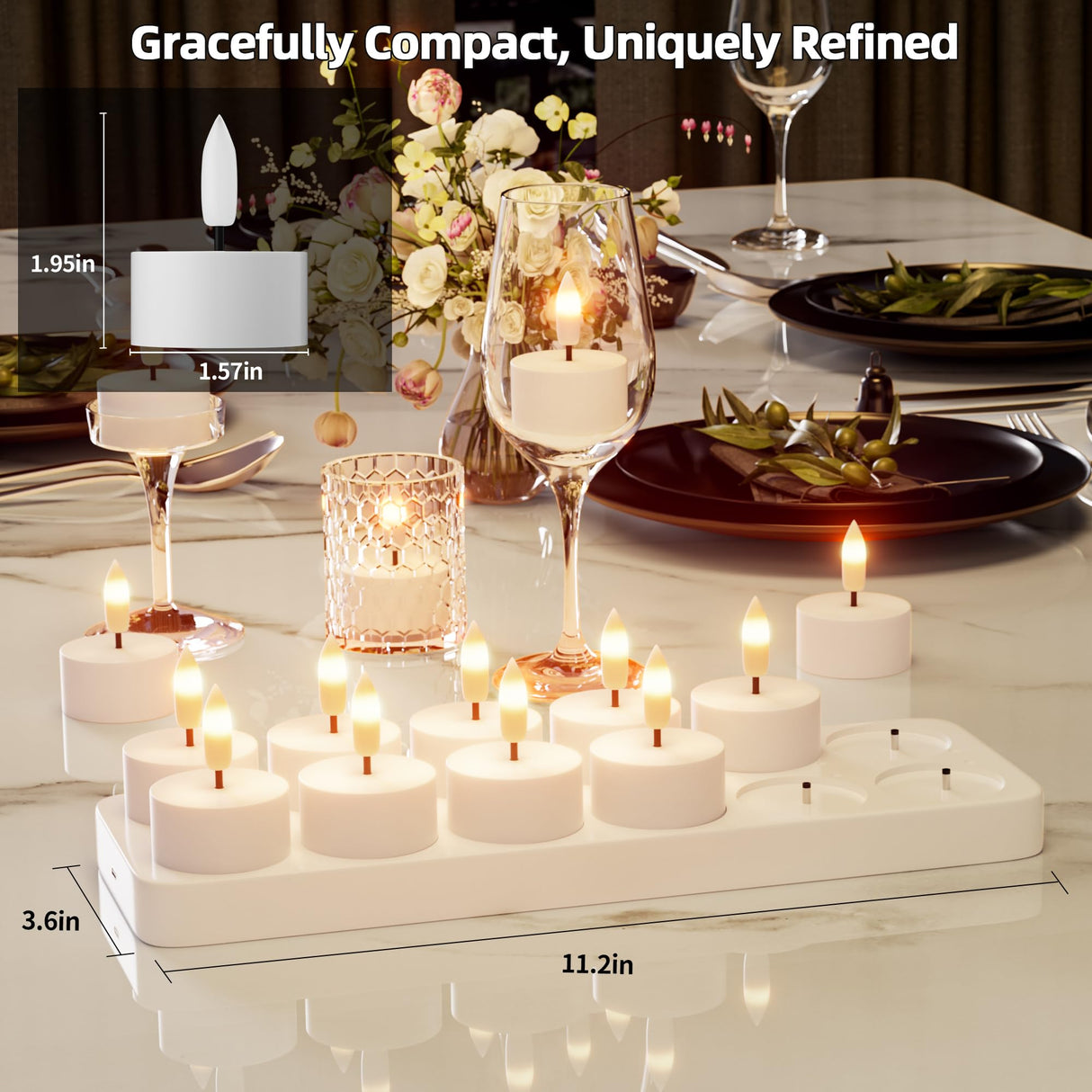 Rechargeable Flameless Tea Lights Candles with Charging Station 12Pcs Battery Tea Lights Candles with Remote & Timer LED Tealight Flickering Realistic for Home Christmas Wedding Decor - White
