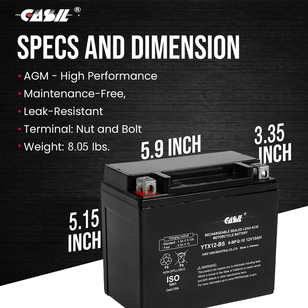 YTX12-BS Battery 12V 10AH 180 CCA - High Performance AGM SLA Power Sport Battery by Casil