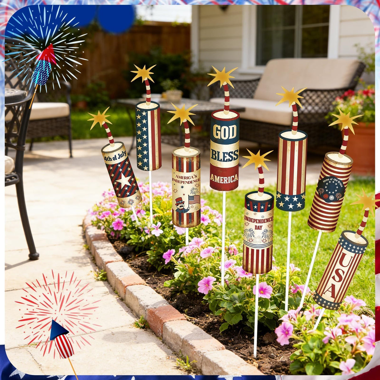 8 Pcs 4th of July Metal Firework Garden Stakes, American Flag Yard Sign, Patriotic Independence Day Memorial Day Decor for Outdoor Lawn, Yard, Garden, Walkway (Fireworks)