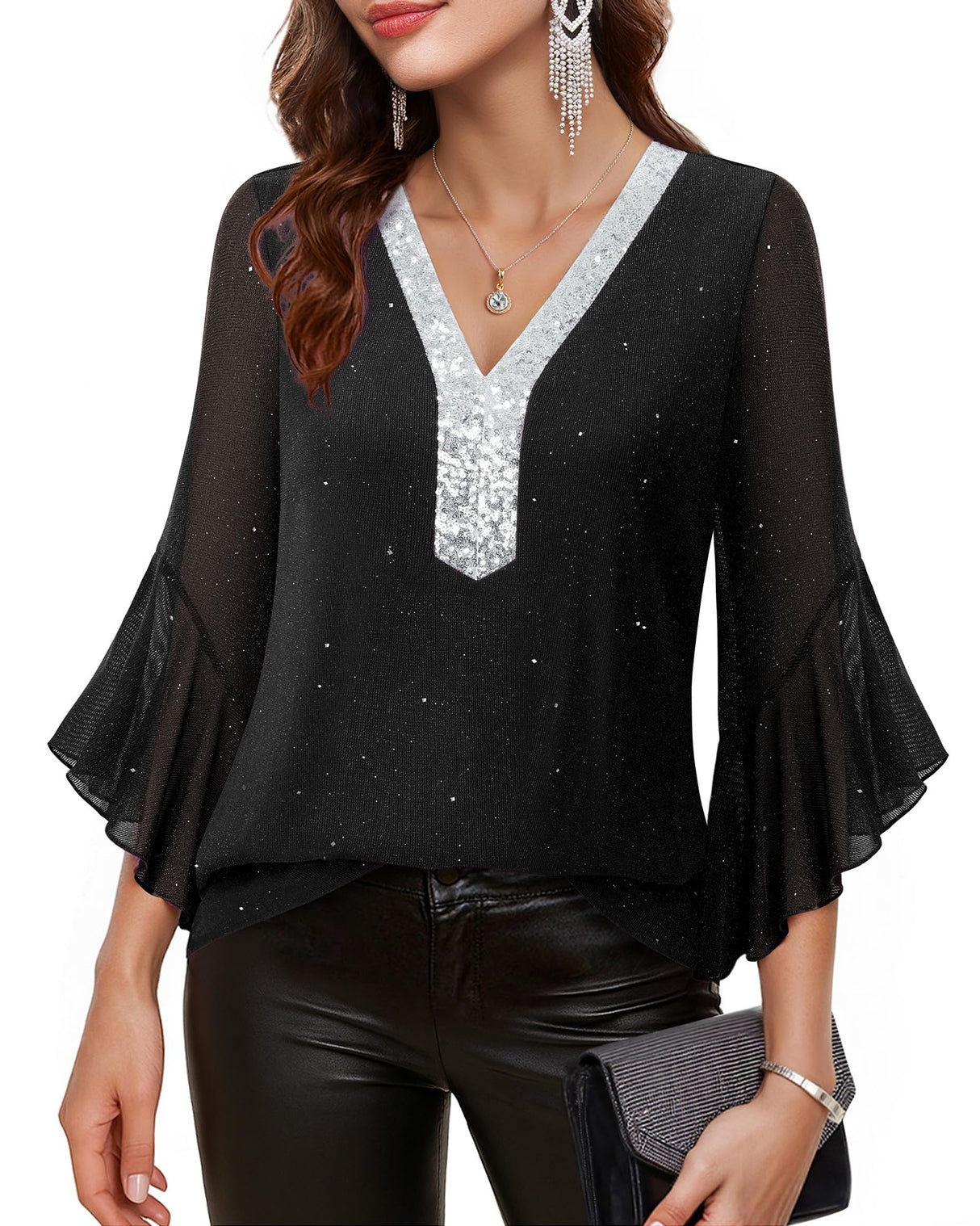 Timeson Plus Size Tops for Women: 3/4 Sleeve Business Casual — Womens Blouses — Office Work Shirts Holiday Outfits Fall Sparkly Tunic Dressy Christmas Shirts 2025 Sequined New Years Clothes Black 2XL