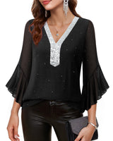Timeson Plus Size Tops for Women: 3/4 Sleeve Business Casual — Womens Blouses — Office Work Shirts Holiday Outfits Fall Sparkly Tunic Dressy Christmas Shirts 2025 Sequined New Years Clothes Black 2XL