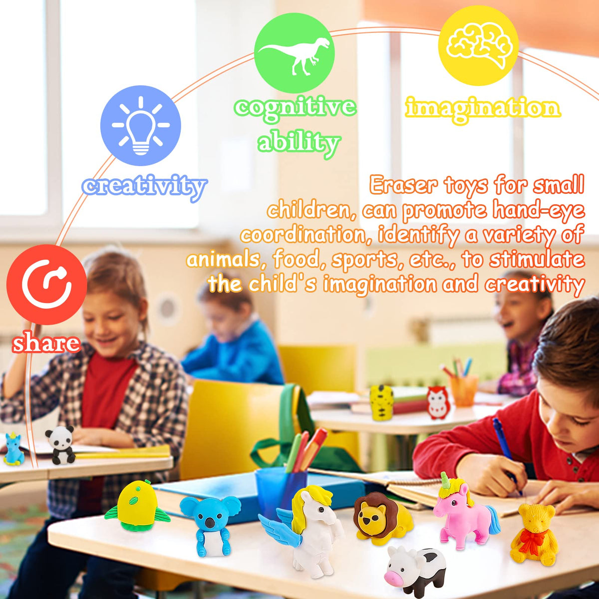 URSKYTOUS 60Pcs Animal Erasers Desk Pets for Kids,Classroom Prizes