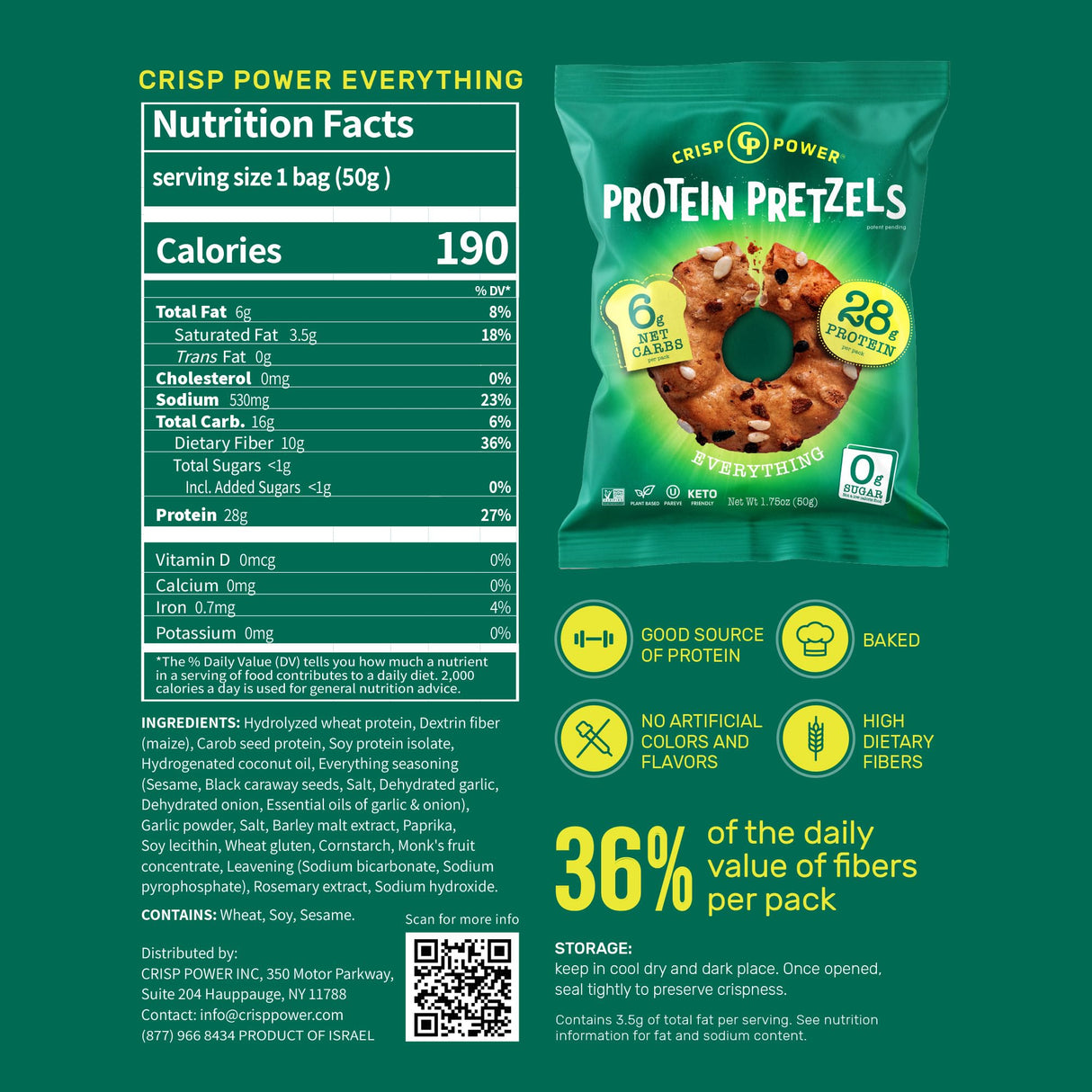 Crisp Power Protein Pretzels, Everything, High Protein Vegan Keto Snack, 28 G Plant Based Protein, Low Carb Crunchy Pretzel Snacks, Sugar Free, No Seed Oils, 1.75 oz Bags, 24 Pack