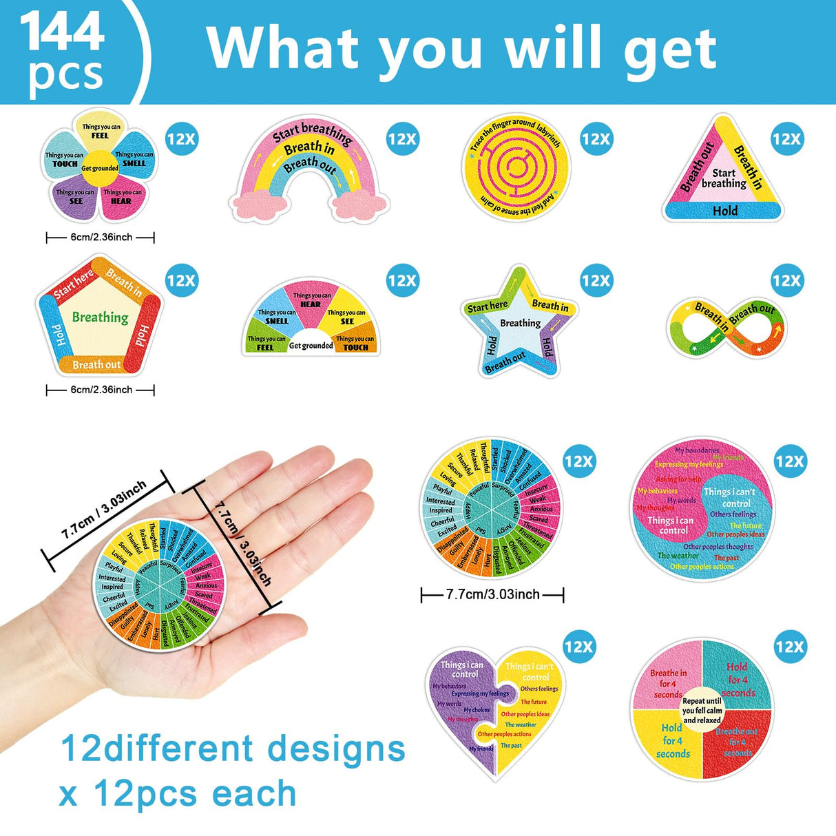144 Pcs Breath Calm Anxiety Sensory Stickers Reusable Mindfulness Stickers Calming Strips Adhesive Sensory Strips for School Office Classroom Desk Teens Counselor Fidget Supplies Christmas Gifts