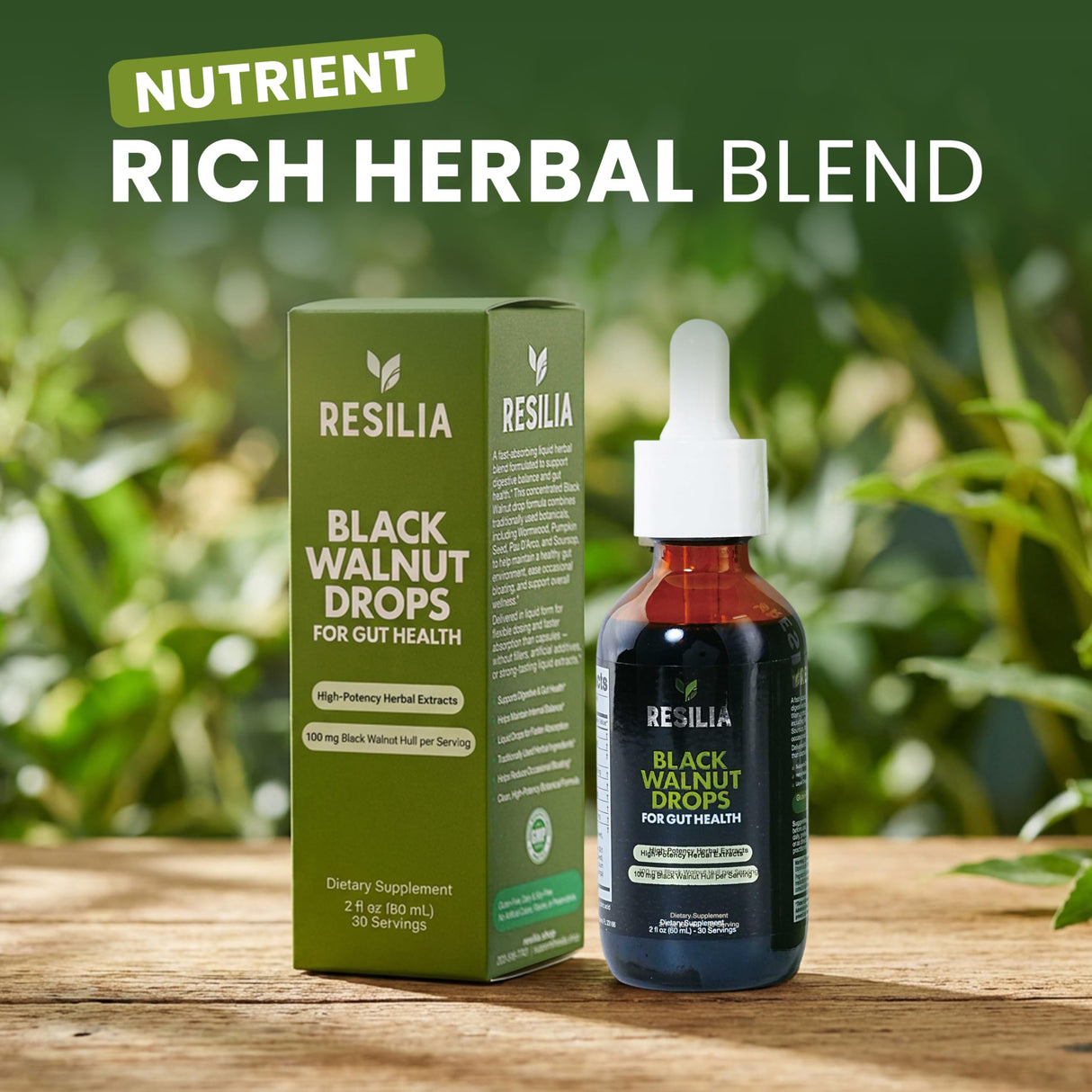 Resilia Herbal Cleanse Liquid Drops – Black Walnut & Wormwood Extract with Pumpkin Seed, Garlic & Turmeric – Alcohol-Free Vegan Tincture for Digestive & Daily Wellness Support, 2 fl oz