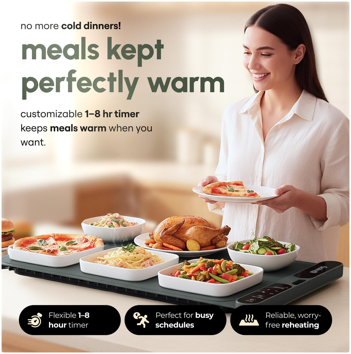 Quiveli Electric Food Warming Mat for Buffet - 24"x15" with Child Lock, Timer, 3 Preset Temp - Fast & Even Heating Foldable Warming Mats for Food Dishes - Food Heating Pad for Kitchen Counter