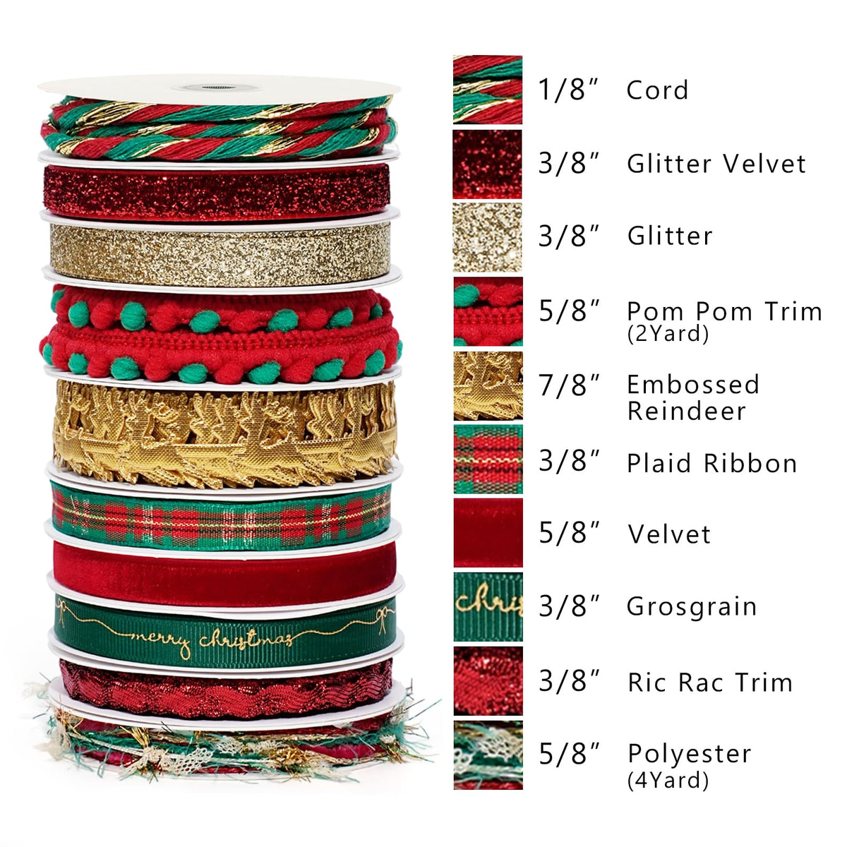 LaRibbons Christmas Ribbon for Crafts, 10 Rolls, 47 Yards Total