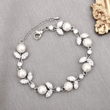 Enrwin Luxury Cubic Zirconia Aurtrian Crystal Pearl Floral Necklace Dangle Earrings Link Bracelet Set Wedding Bridal Jewelry Set Birthday Gifts for Her, Style2-Clear-Silver Plated