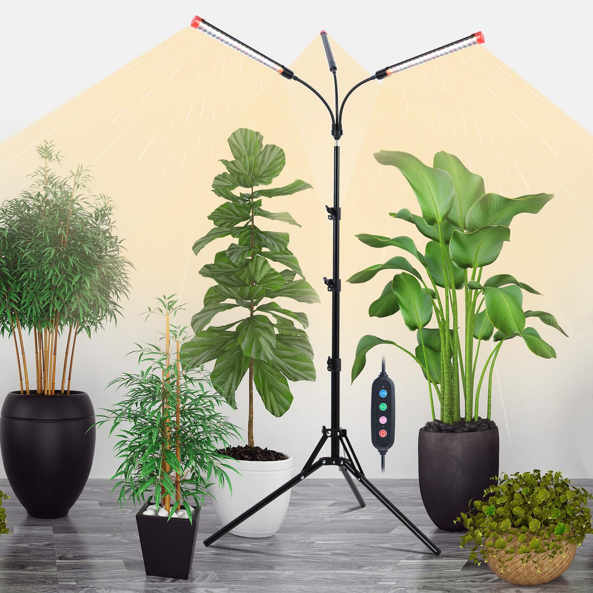 Orchbloom 3Head Grow Light with Stand, 5-Mode Timer 4/8/12/16/20H, 27 Watt Power Home Plug LED Grow Lights for Indoor Plants for Tall Houseplants, Bonsai Tree, Seed Starting, 24"-64" Adjustable Height