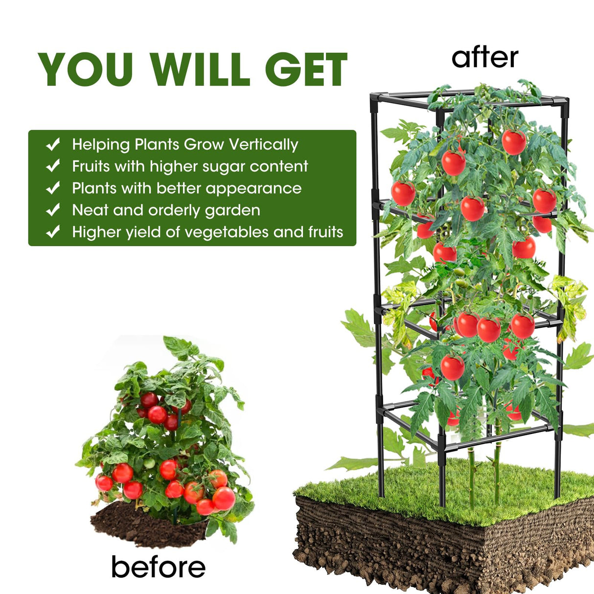 MQHUAYU 3 Pack Tomato Cages, Square Tomato Plant Stakes Support Cages Trellis for Garden Climbing Vegetables Flowers Fruits,Extra Bold,Black