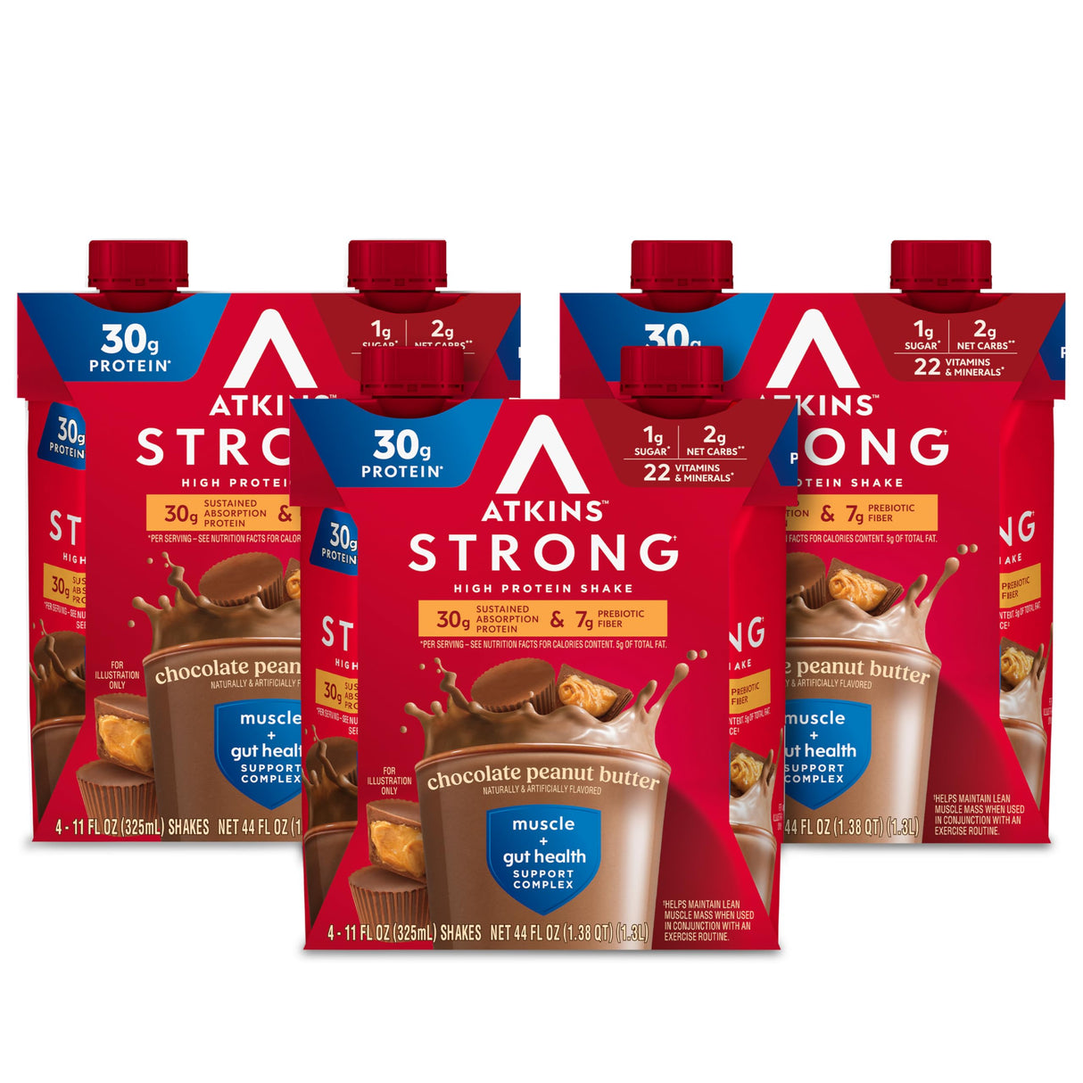 Atkins Strong High Protein Shake, Chocolate Peanut Butter Flavor, 30g Protein, Low Carb and Low Sugar Shake, Keto Friendly, Gluten Free, Muscle and Gut Health Support Complex, 12 Count