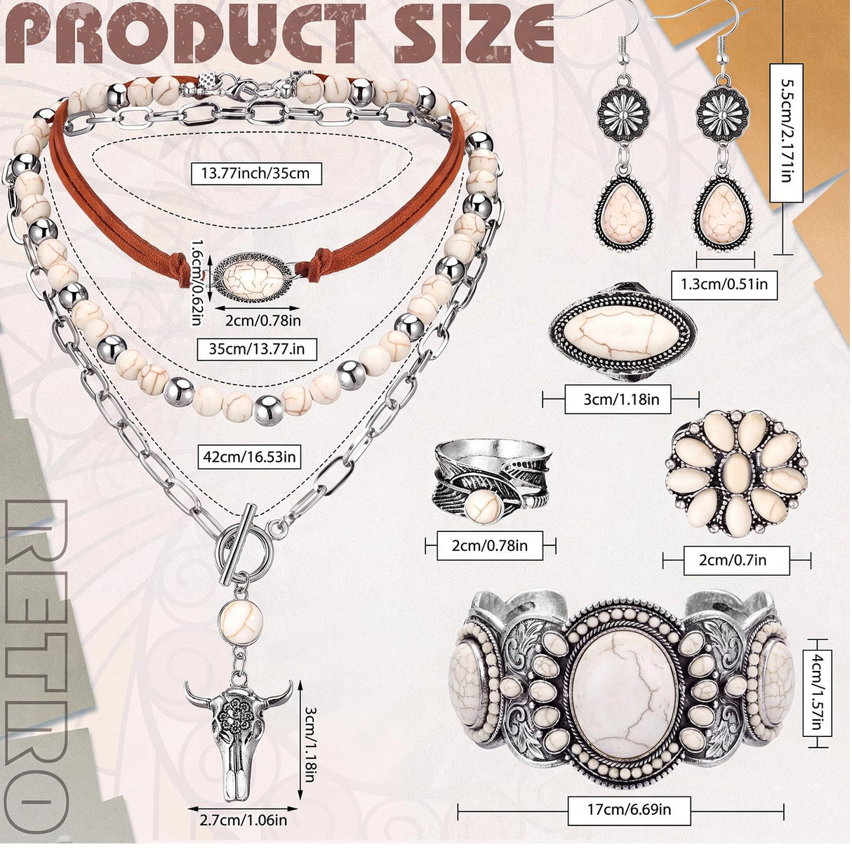 Ecally Western Turquoise Jewelry Set for Women, Fashion, White
