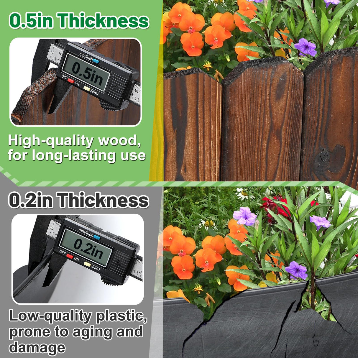 Rustic Pine Wood Landscape Edging - 7.8ft L x 8in H Garden Fence Border, Easy to Install Sturdy Wooden Planter Fencing for Yard Flower Bed Lawns Pathway Tree