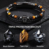 Fathers Day Cross Bracelet Gifts for Men Him - Triple Protection Healing Hematite Black Obsidian Tiger Eye Beaded Rosary Bracelets, Faith Religious Catholic Christian Communion Gift, Joshua 1:9