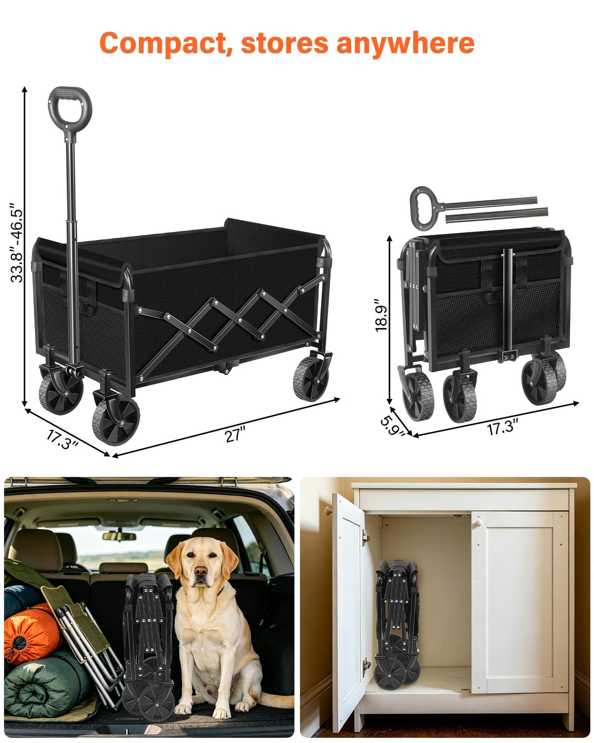 Folding Wagon Cart with All-Terrain Wheels – Heavy Duty Collapsible Utility Wagon for Grocery, Sports, Garden, Camping, Shopping (Black 330LBS)