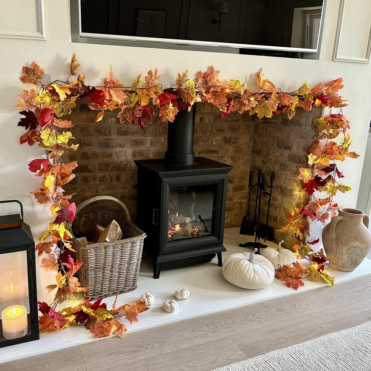 CQURE 16 Pack Fall Leaf Garland, 5.9Ft Autumn Garland Artificial Maple Leaf Garland Fall Leaves Hanging Vines Fall Maple Leaves Thanksgiving Decor for Home Christmas Fireplace Party