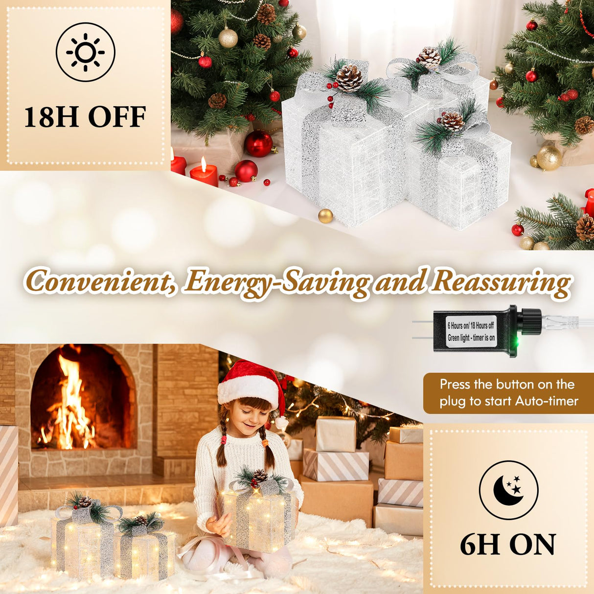 TOWPONICS Set of 3 Christmas Lighted Gift Boxes with Plug, Indoor Outdoor Christmas Decorations with 60 LED Warm White Mini String Lights, Present Boxes with Silver Tinsel for Xmas Tree Porch Decor