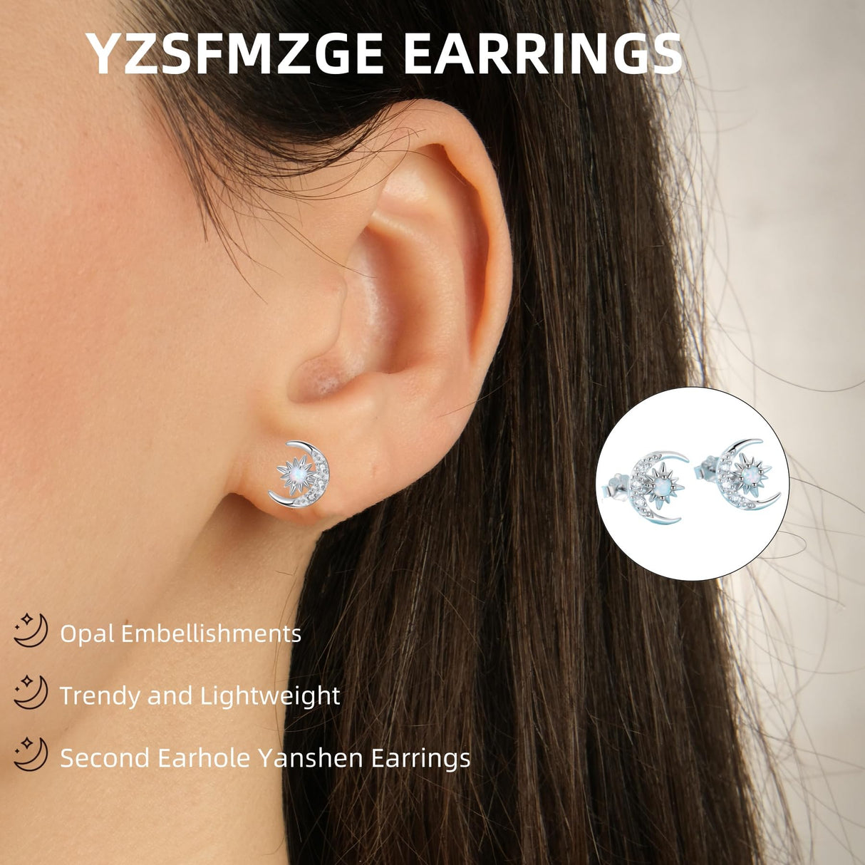 YZSFMZGE Moon and Star Earrings 925 Sterling Silver Opal Stud Earrings for Women - Hypoallergenic Sun and Crescent Moon Jewelry Gift for Sensitive Ears