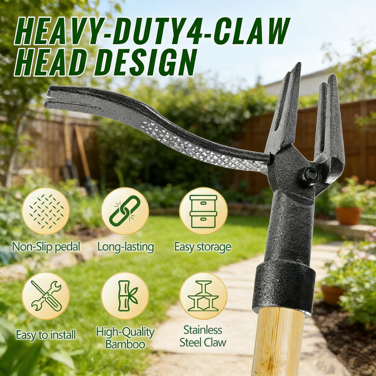 BellaJoyz Weed Puller Tool, Stand Up Heavy Duty Weed Remover Tool with Long Handle & 4-Claw Steel Head, Bamboo Garden Hand Weeding Tool - Easily Remove Weeds Without Bending, Pulling,or Kneeling