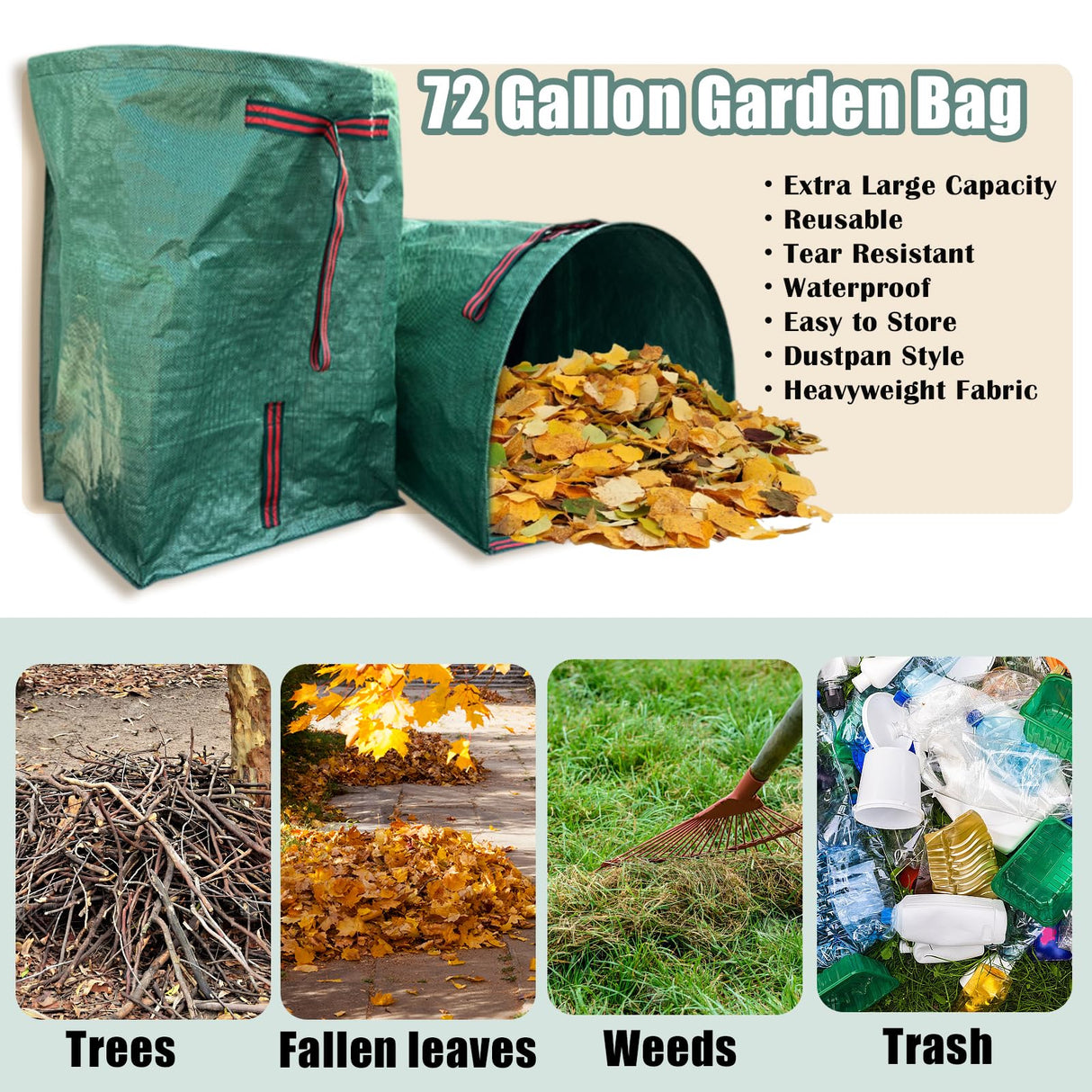 72 Gallon Reusable Yard Waste Bags 2 Pack Leaf Bag Holder, Dustpan-Type Leaf Lawn Bag, Leaf Bag with Gardening Gloves, Clollapsible Leaves Collector Garden Bag for Debris, Grass, Branches, Trash