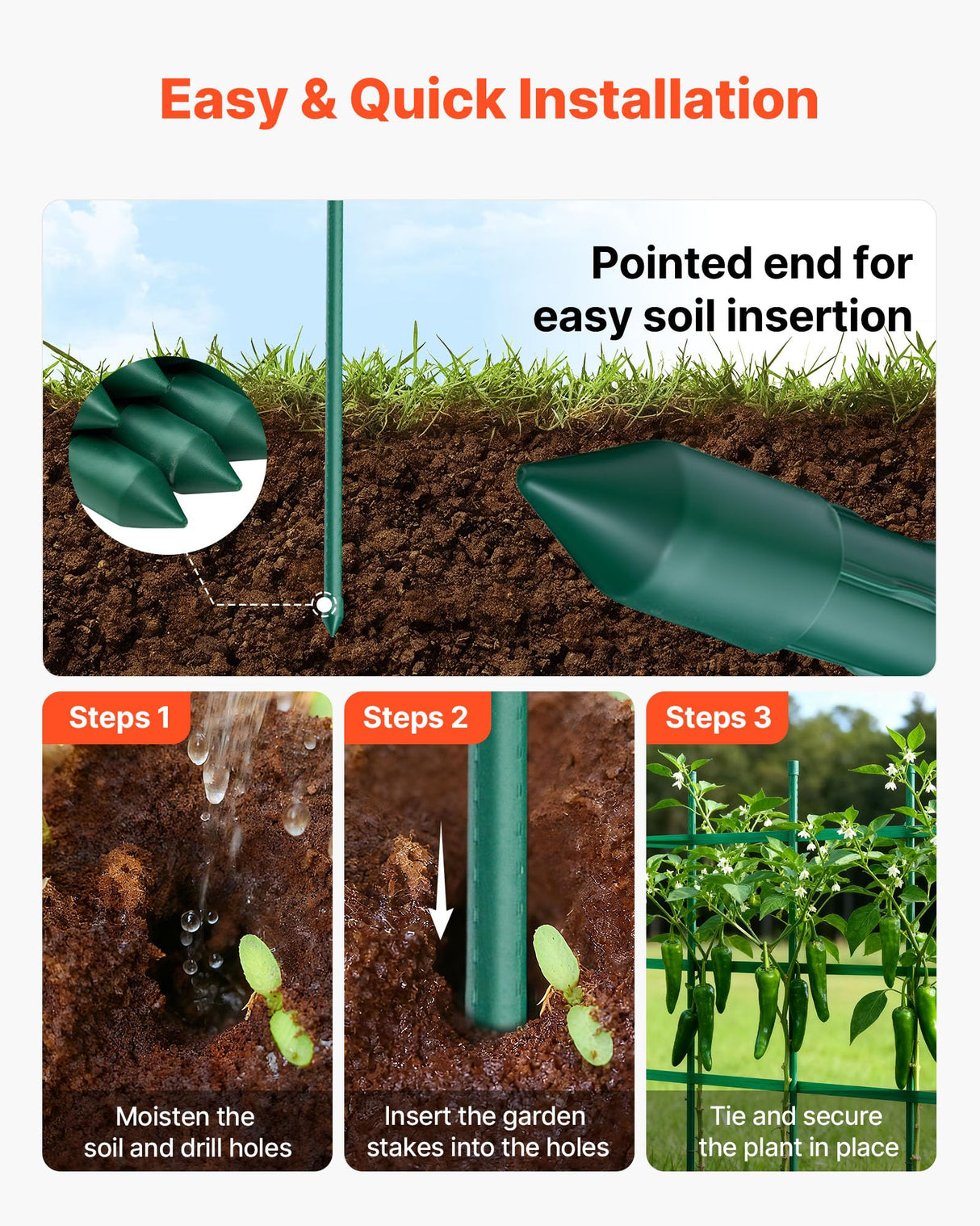 VEVOR Garden Stakes, 50 Pack, 46.06 inch, Plastic Coated Metal Tomato Stakes, Garden Sticks for Plants Support, with Pointed End and Non-Slip Bumps for Growing Climbing Plants, Outdoor Vegetables