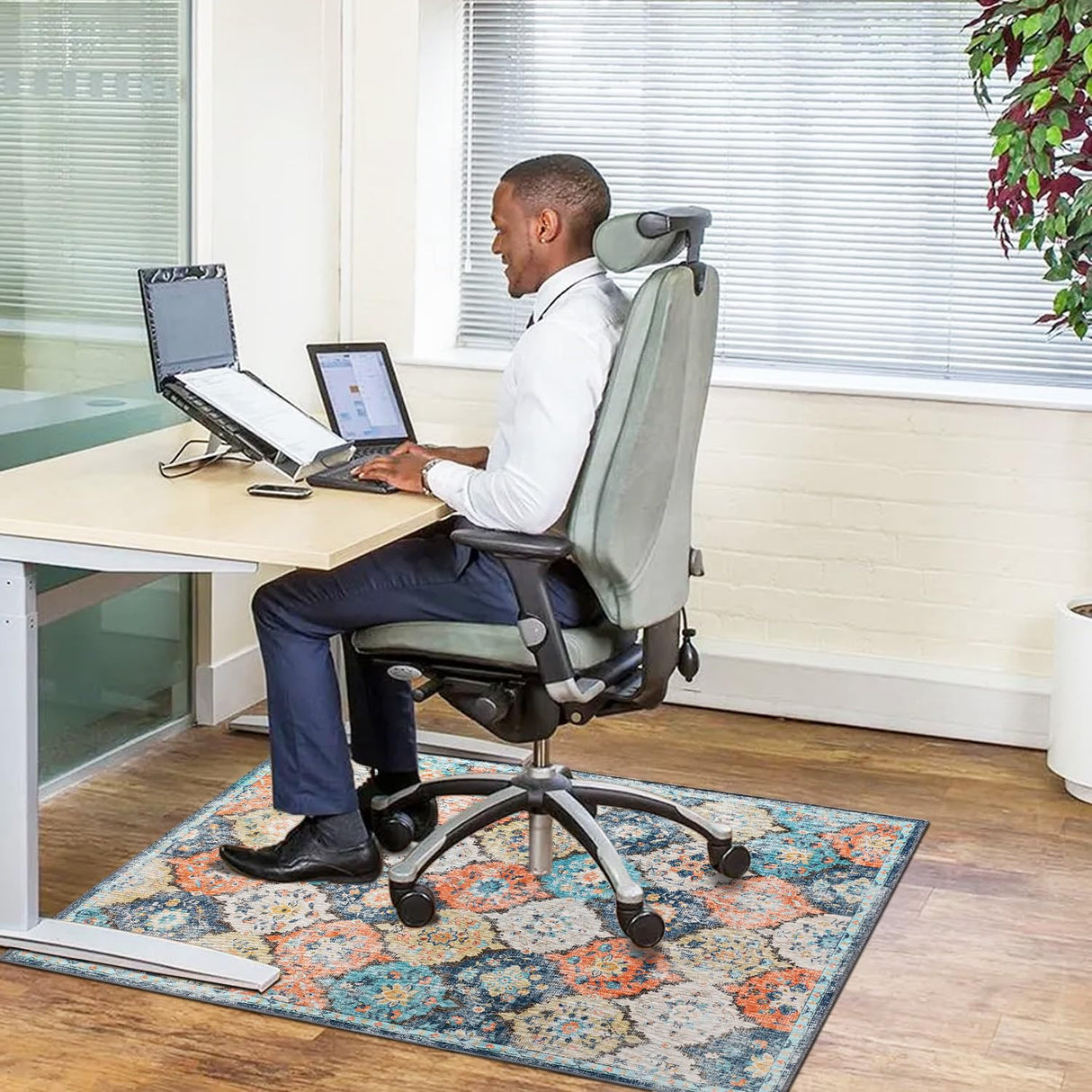Office Chair Mat for Hardwood Floor,48"*36" Rolling Under Desk Mat, Computer Chair Rug,Anti-Slip Floor Protector for Home Office,Orange Blue