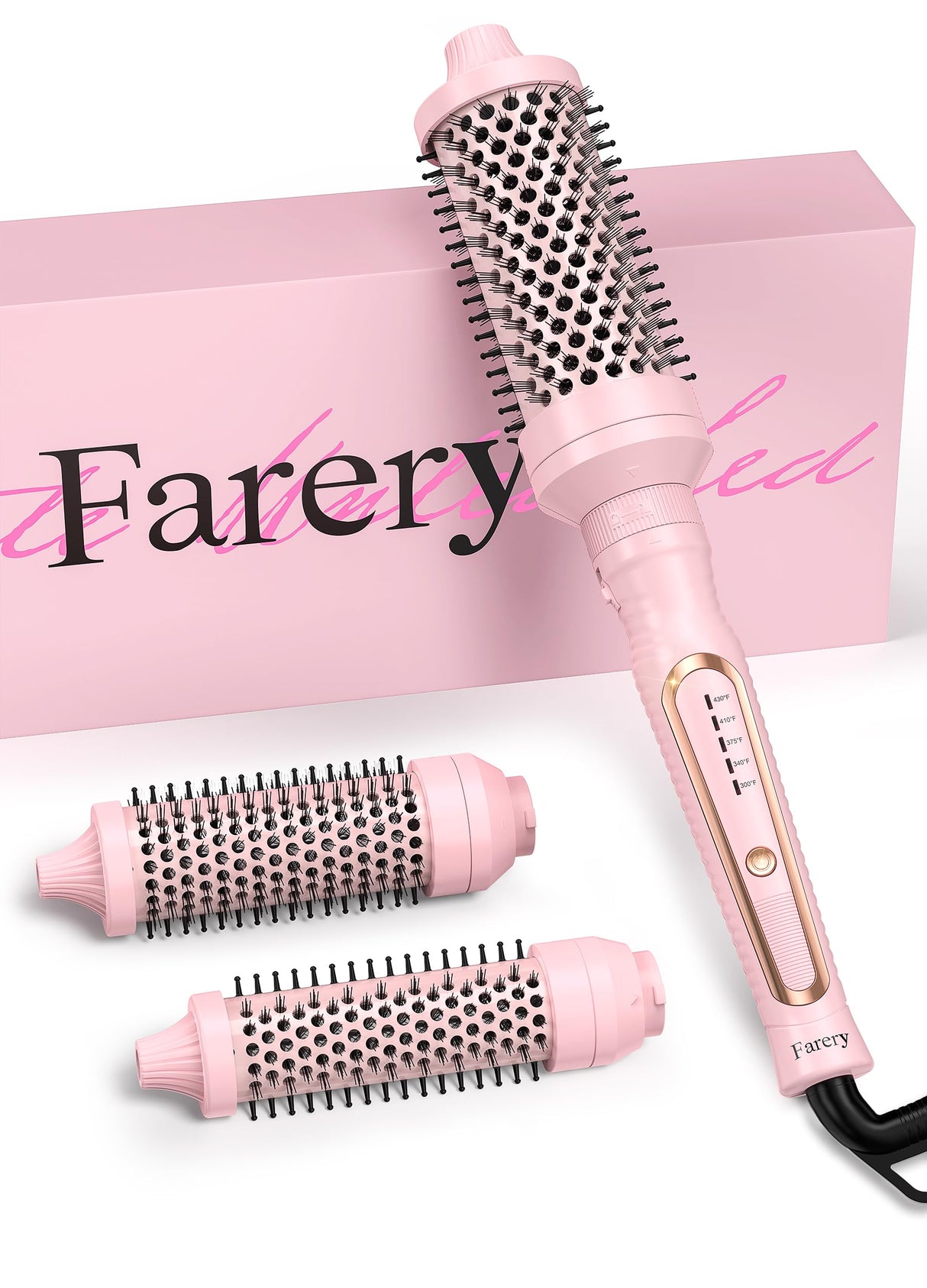 Farery PRO 3-in-1 Thermal Brush Set - Adjustable Temperature, Detachable Curling Brush Heads (1.25", 1.5", 1.77"), Dual MCH, 20s Fast Heating for Quick Volume & Effortless Curls, Rose Pink