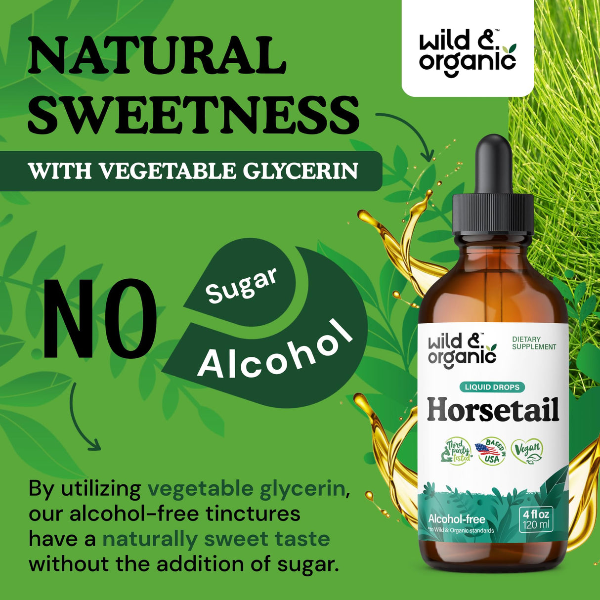 Wild & Organic Horsetail Herb Tincture - Hair Skin and Nails Support - Liquid Horsetail Supplement - Vegan, Sugar & Alcohol-Free Leaf Extract Drops - 4 fl oz