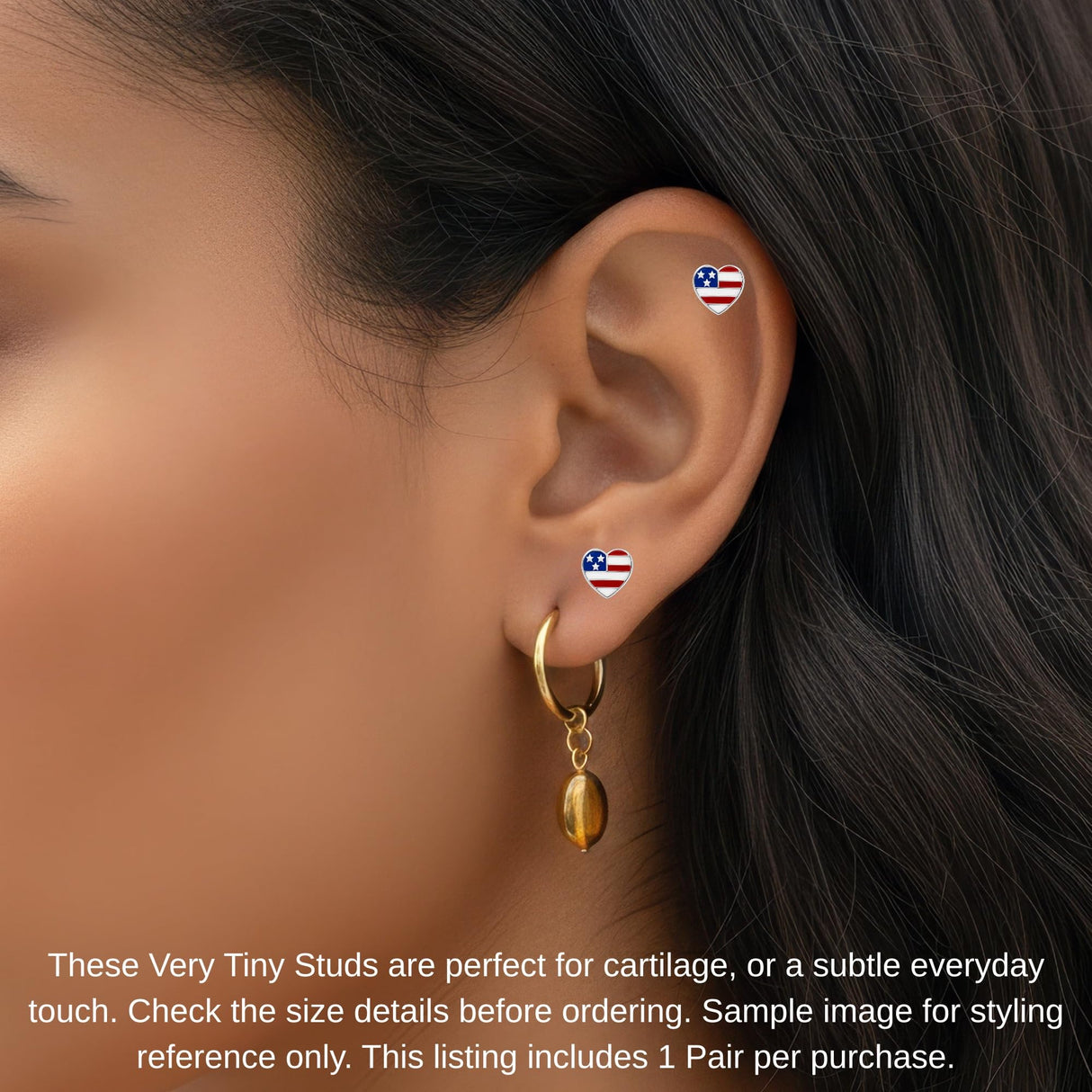 925 Sterling Silver American Flag Stud Earrings USA Patriotic 4th of July Independence Day Tiny Ear Stackable Jewelry Jewelry (Heart)