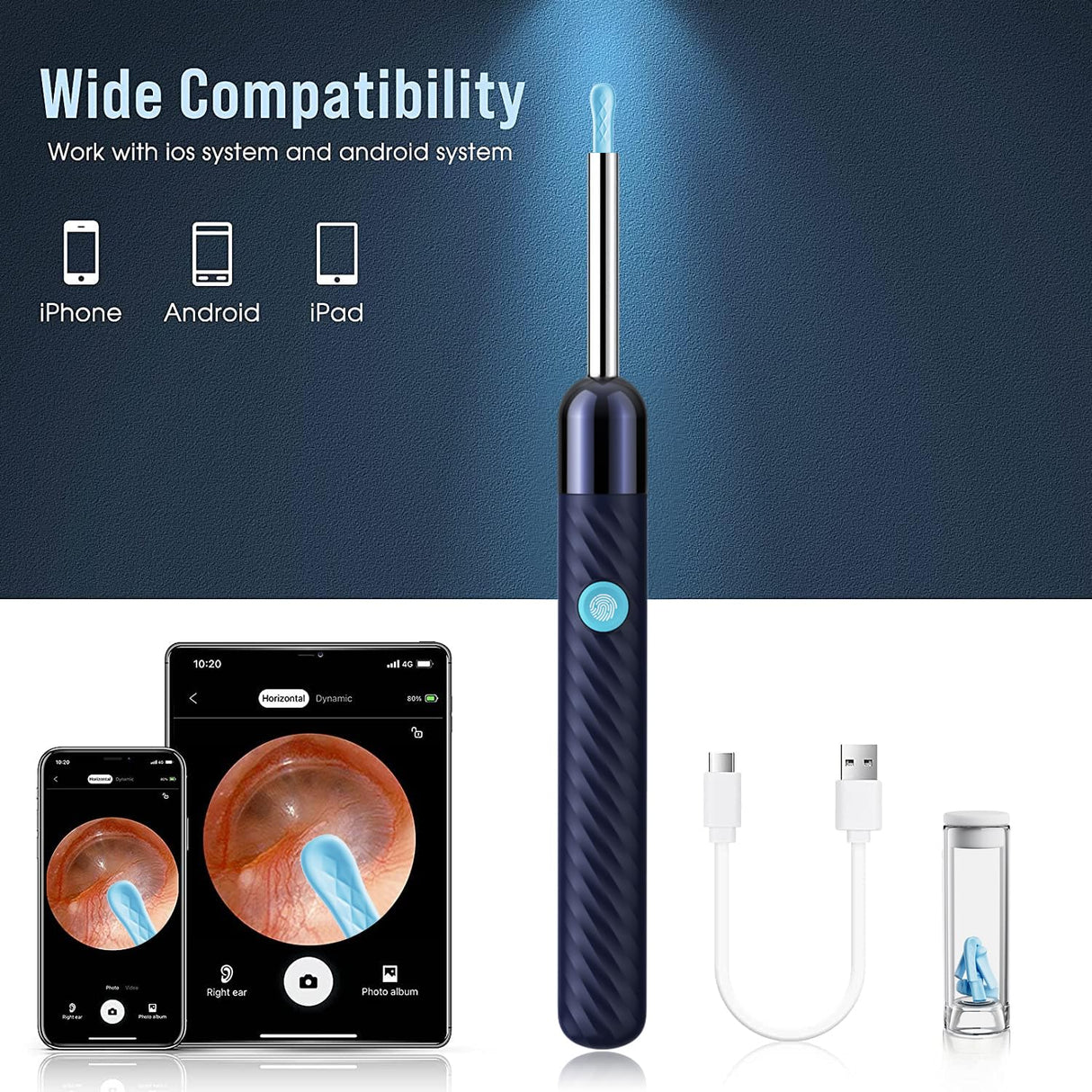 Ear Wax Removal - Earwax Remover Tool with 8 Pcs Ear Set - Ear Canal Cleaner with 1080P Camera - FSA HSA Eligible - Ear Cleaning Kit with 6 Ear Spoon - Ear Camera for iOS & Android (Midnight Blue)