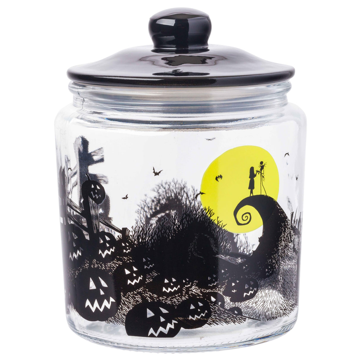 Silver Buffalo Disney Tim Burton Nightmare Before Christmas Moon Hill Graveyard Scene Jack Skellington and Sally Glass Cookie Snack Candy Jar with Lid (Small)