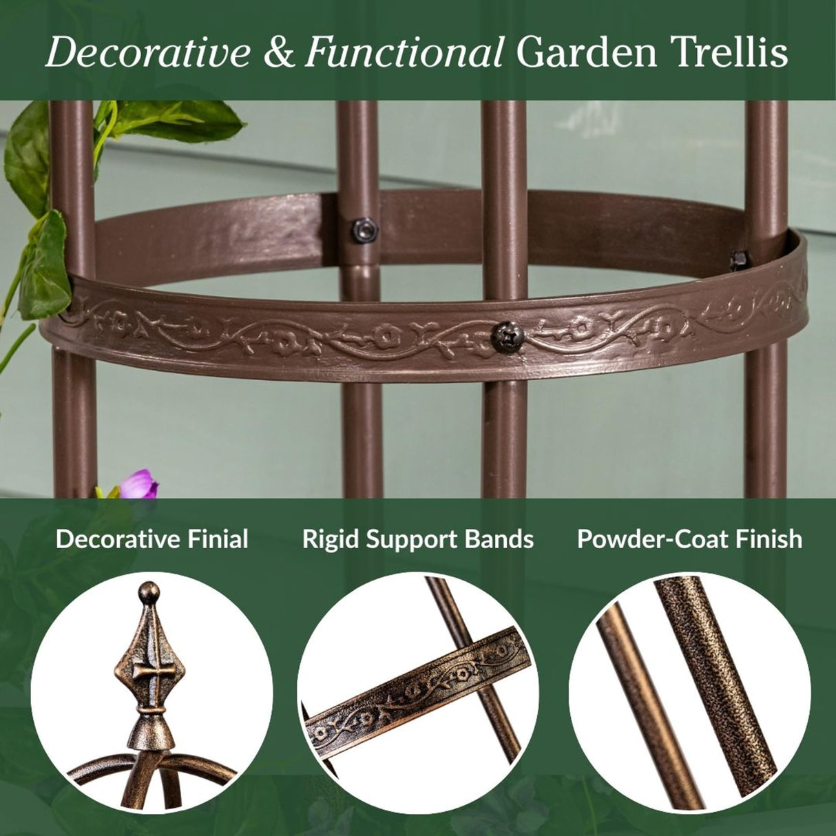 Evergreen 5 ft Garden Trellis for Climbing Plants Vines, Jasmine & Flowers, Rustproof Metal Obelisk Trellises, Outdoor & Indoor Plant Support for Potted Planters (Bronze)