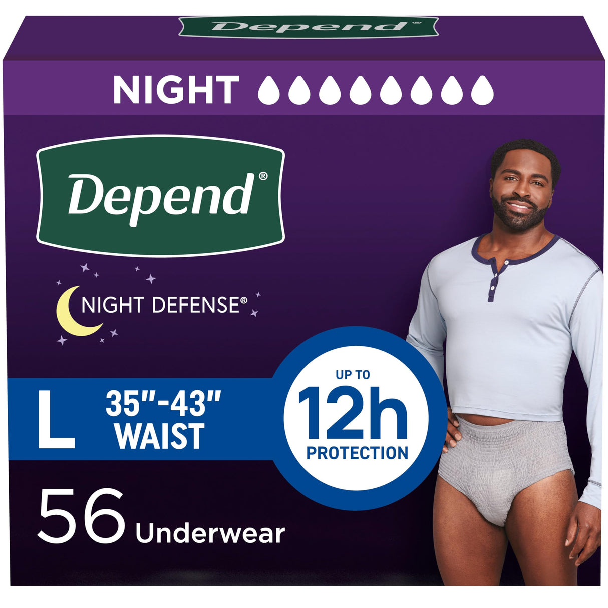 Depend Night Defense Adult Incontinence Underwear for Men, Disposable, Overnight, Large, Grey, 56 Count (4 Packs of 14), Packaging May Vary