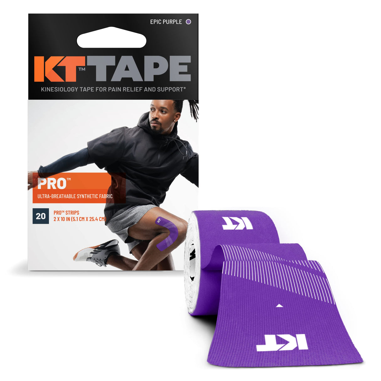 KT Tape, Pro Synthetic Kinesiology Athletic Tape, 20 Count, 10” Precut Strip, Epic Purple
