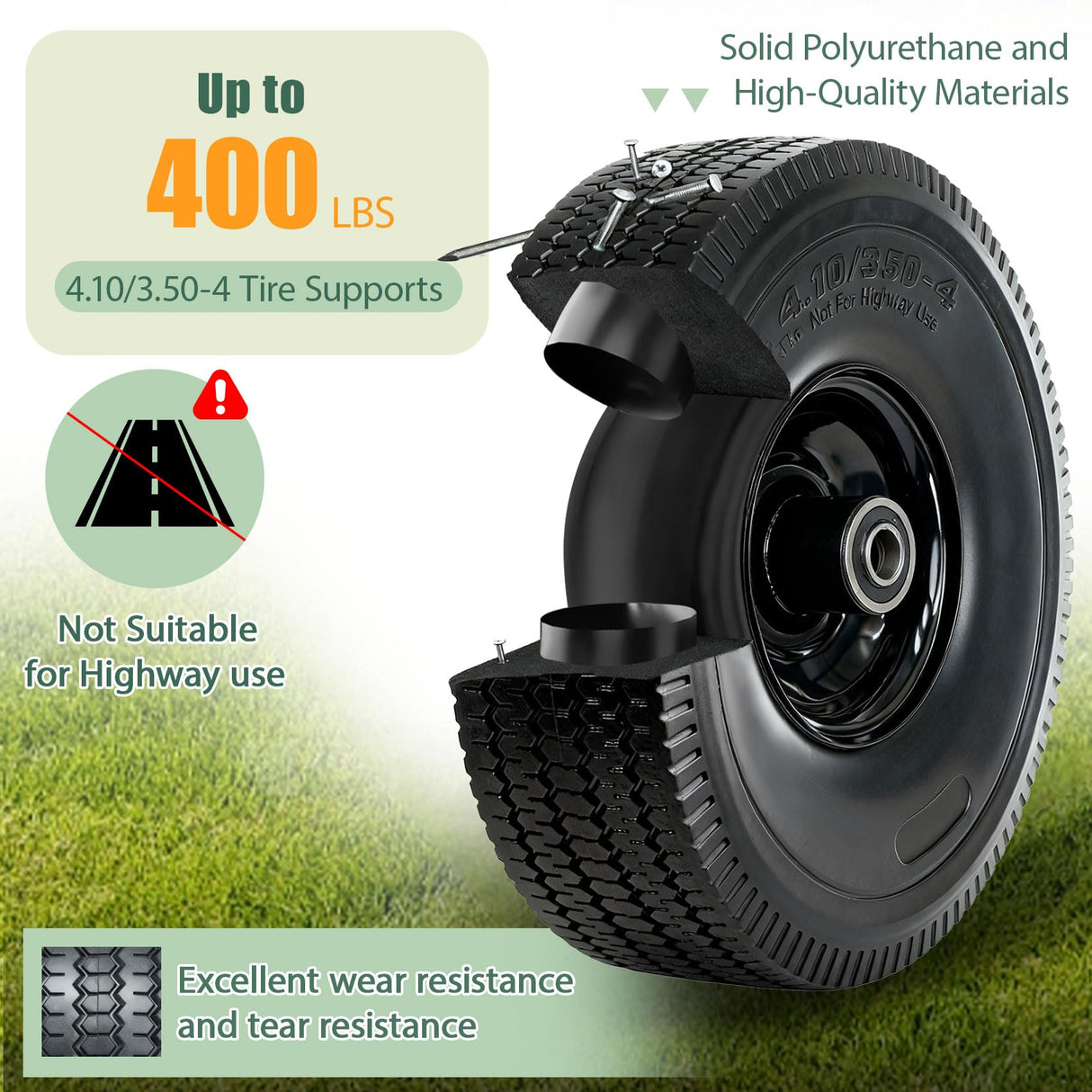 4.10/3.50-4 Tire and Wheel, 10" Solid Tires with 5/8” Bearing, Extra 3/4”&1/2” Bearings, 2.2” Offset Hub, Flat Free 4.10/3.50-4'' Wheels for Dollies, Hand Trucks, Tractors (2 Pack) (Black)