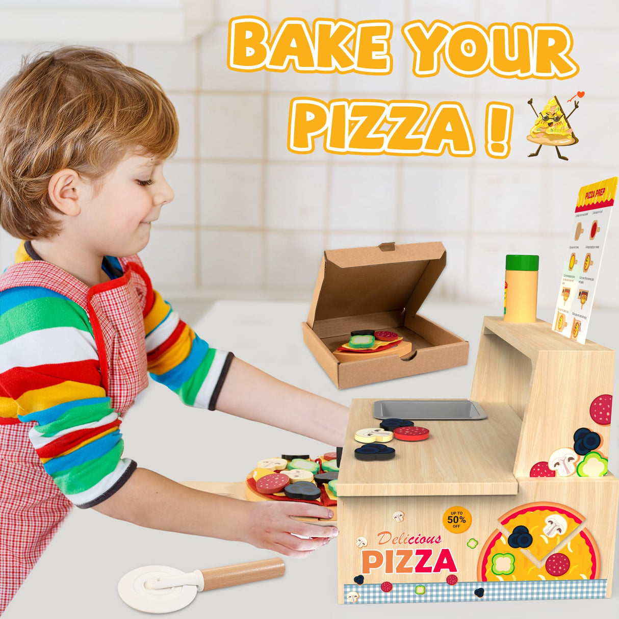 WOODMAM Wooden Pizza Toy - 48 PCS Montessori Pretend Play Food for Ages 3+, Educational Learning Toy Wooden Playset with Bake Oven, Christmas Birthday Gift for 3 4 5 6 Year Old