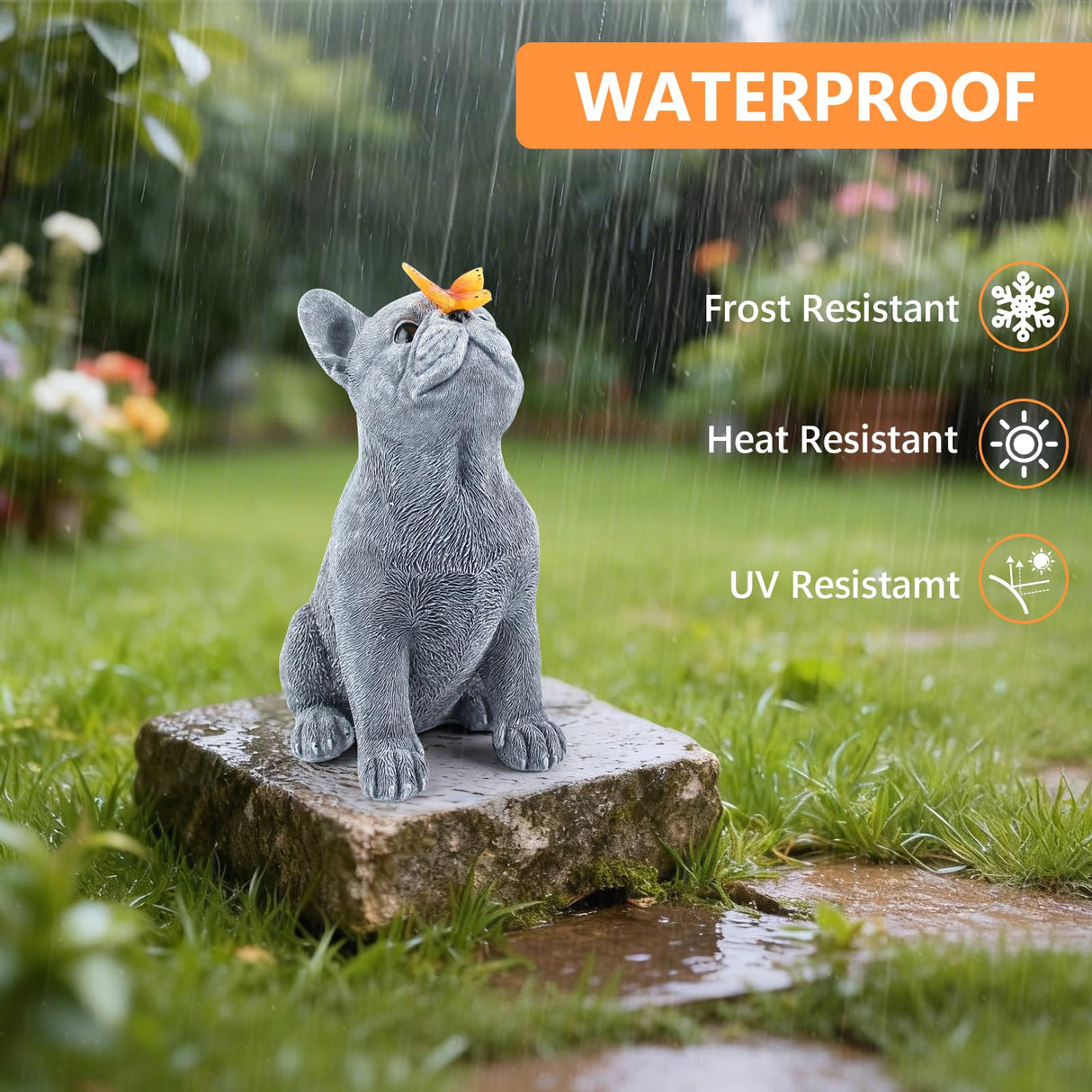 CIYSHO Dog Statue with Solar Butterfly, Cute French Bulldog Garden Statue Outdoor Decor for Outside Yard Lawn Patio Porch, Resin Garden Art Home Decorations Figurine, Dog Lovers Gifts for Women Mom