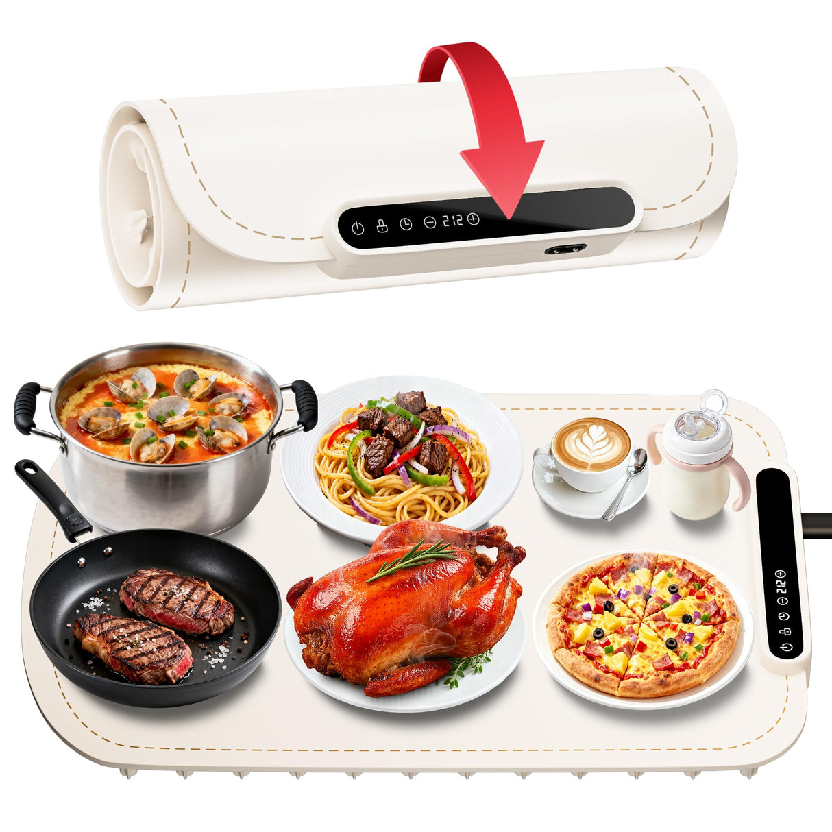 Warming Mat for Food, Upgraded Fast-Heating Electric Warming Tray with 7 Temp Levels & 8 Timers, Buffet Raised Feet & Rollable Silicone Heat Pad, Portable Food Warmer for Home, Party & Travel (Beige)